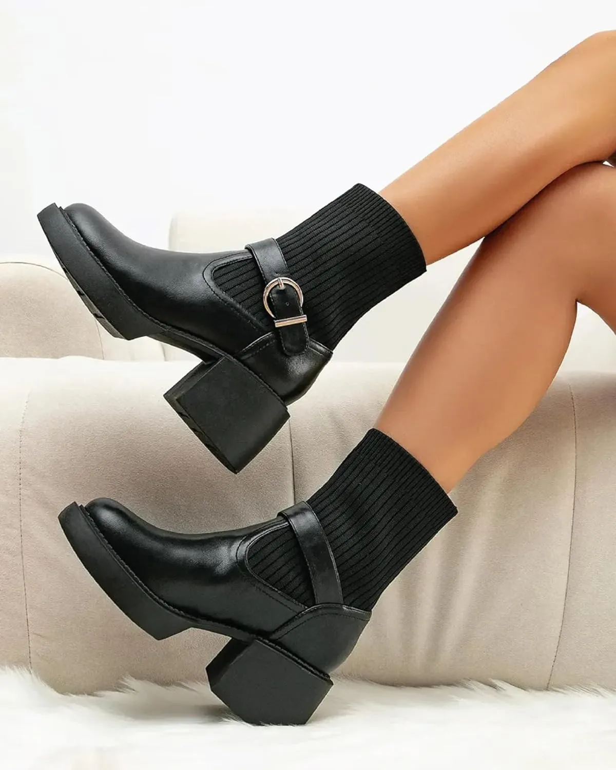 Mousse Fit Women's Two Tone Strap Ankle Boots - Casual Comfortable Booties with Arch Support, Non-Slip Sole