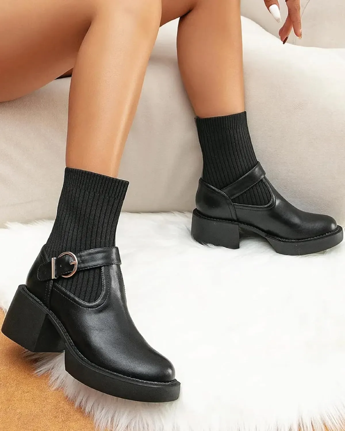 Mousse Fit Women's Two Tone Strap Ankle Boots - Casual Comfortable Booties with Arch Support, Non-Slip Sole