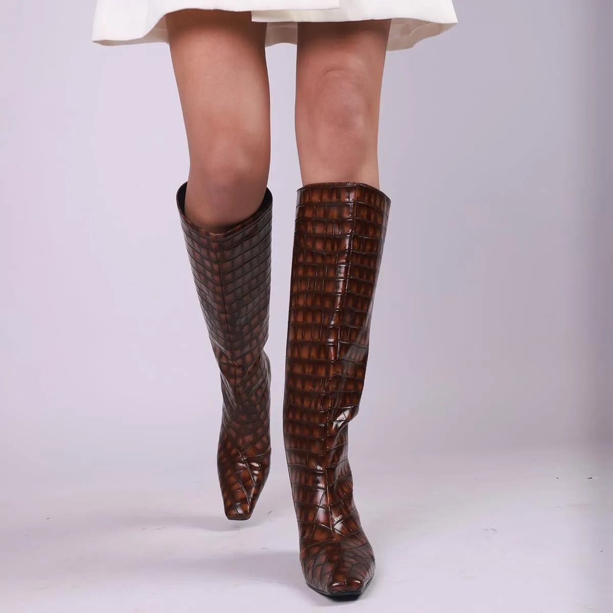 MSONLYDN Knee High Stiletto Boots for Womens - Crocodile PU Square Toe Tall Pull-On Kitten Heel Booties, Classic and Sexy