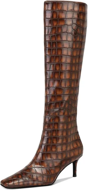 MSONLYDN Knee High Stiletto Boots for Womens - Crocodile PU Square Toe Tall Pull-On Kitten Heel Booties, Classic and Sexy