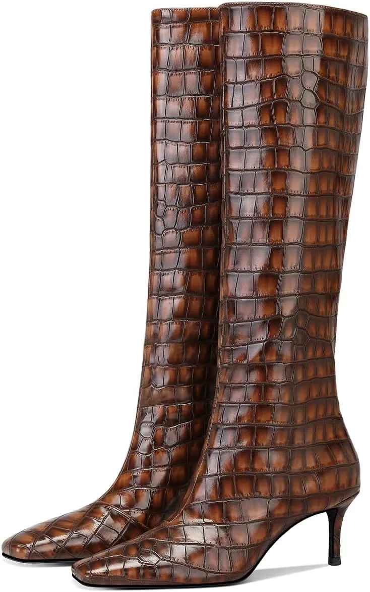 MSONLYDN Knee High Stiletto Boots for Womens - Crocodile PU Square Toe Tall Pull-On Kitten Heel Booties, Classic and Sexy