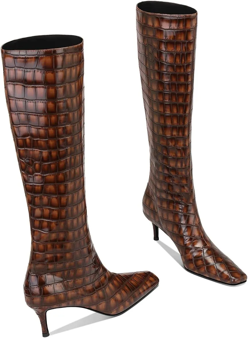 MSONLYDN Knee High Stiletto Boots for Womens - Crocodile PU Square Toe Tall Pull-On Kitten Heel Booties, Classic and Sexy