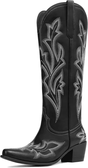 MUCCCUTE Black Cowboy Boots for Women Wide Calf Cowgirl Knee High Boots Pointed Toe Chunky Heels Embroidered Western Tall Boots