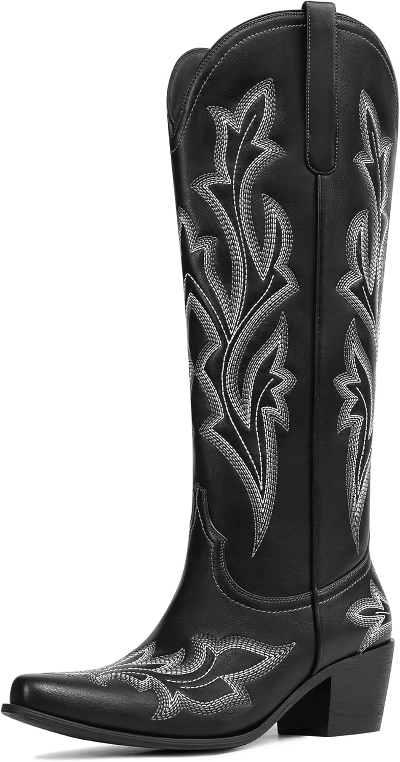 MUCCCUTE Black Cowboy Boots for Women Wide Calf Cowgirl Knee High Boots Pointed Toe Chunky Heels Embroidered Western Tall Boots