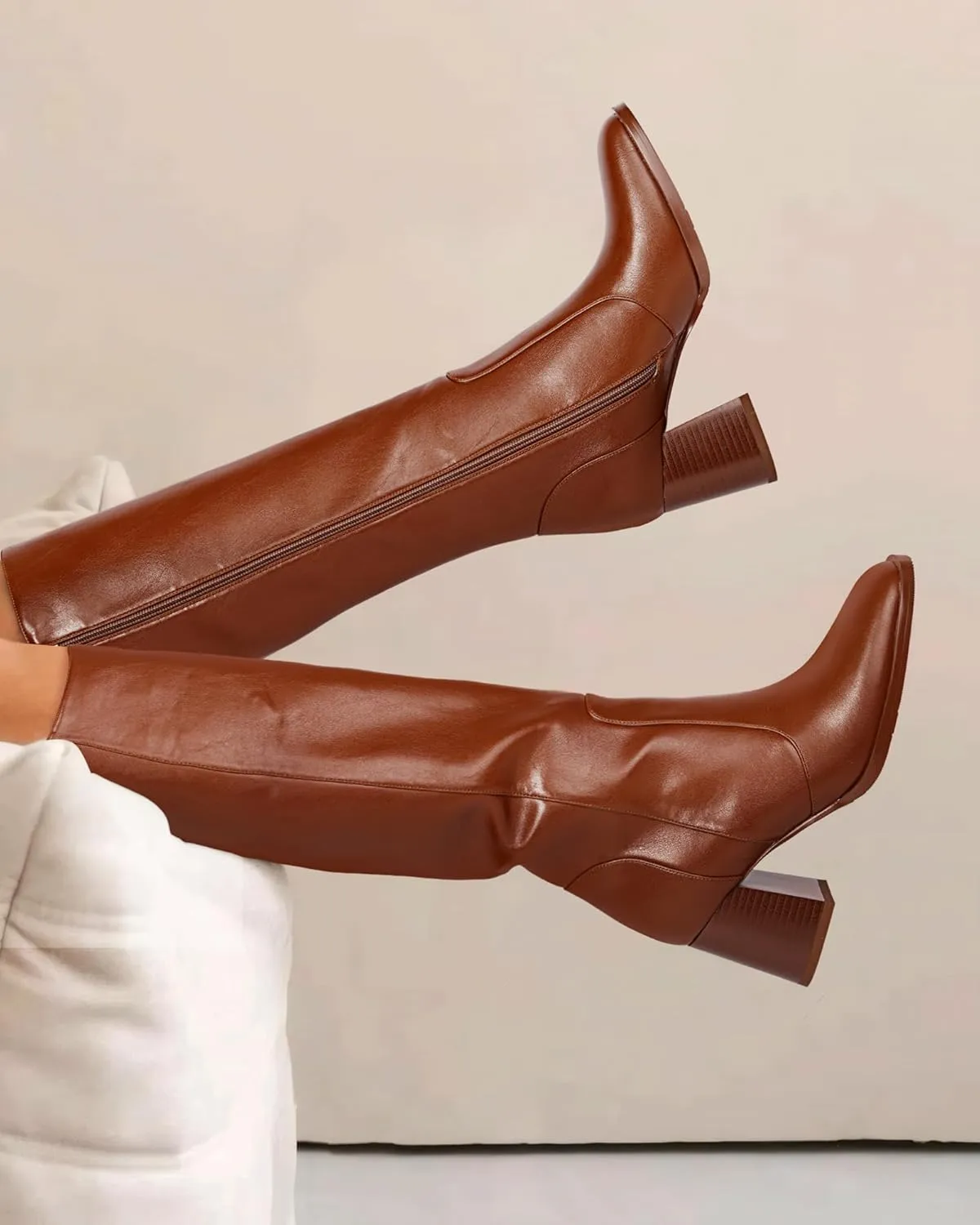 MUCCCUTE Knee High Boots for Women Square Toe Chunky Heel Side Zipper Rhinestone Sparkly Fashion Tall Long Boots for Ladies