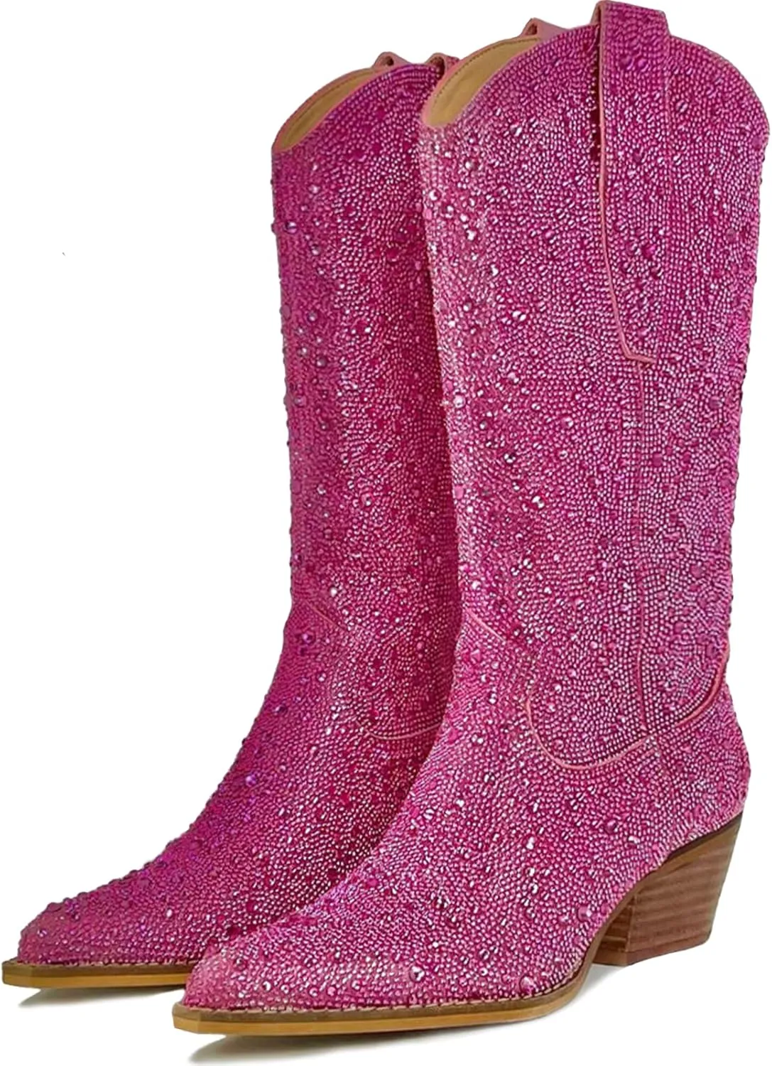 MUCCCUTE Women's Rhinestone Mid Calf Boots Sparkly Block Heel Cowboy Boots Glitter Boots
