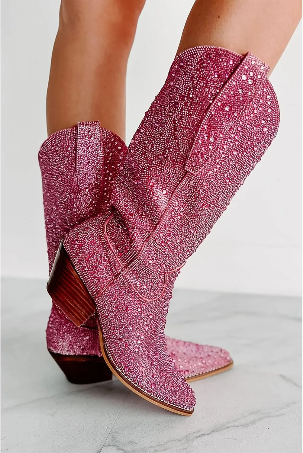 MUCCCUTE Women's Rhinestone Mid Calf Boots Sparkly Block Heel Cowboy Boots Glitter Boots