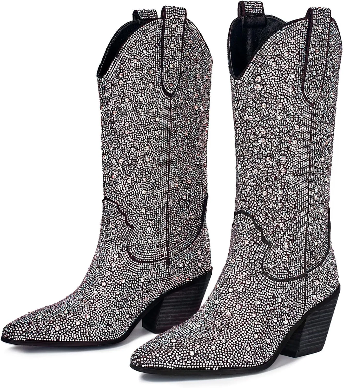 MUCCCUTE Women's Rhinestone Mid Calf Boots Sparkly Block Heel Cowboy Boots Glitter Boots