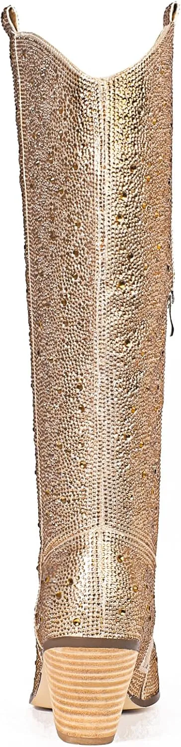 MUCCCUTE Women's Rhinestone Mid Calf Boots Sparkly Block Heel Cowboy Boots Glitter Boots