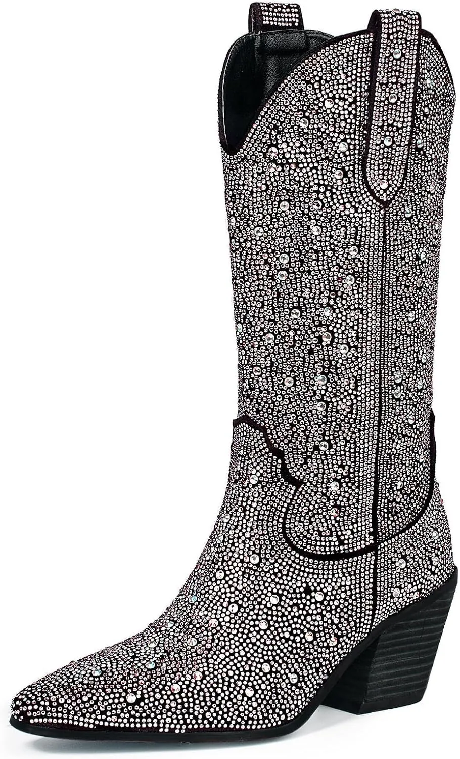 MUCCCUTE Women's Rhinestone Mid Calf Boots Sparkly Block Heel Cowboy Boots Glitter Boots