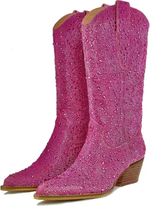 MUCCCUTE Women's Rhinestone Mid Calf Boots Sparkly Block Heel Cowboy Boots Glitter Boots
