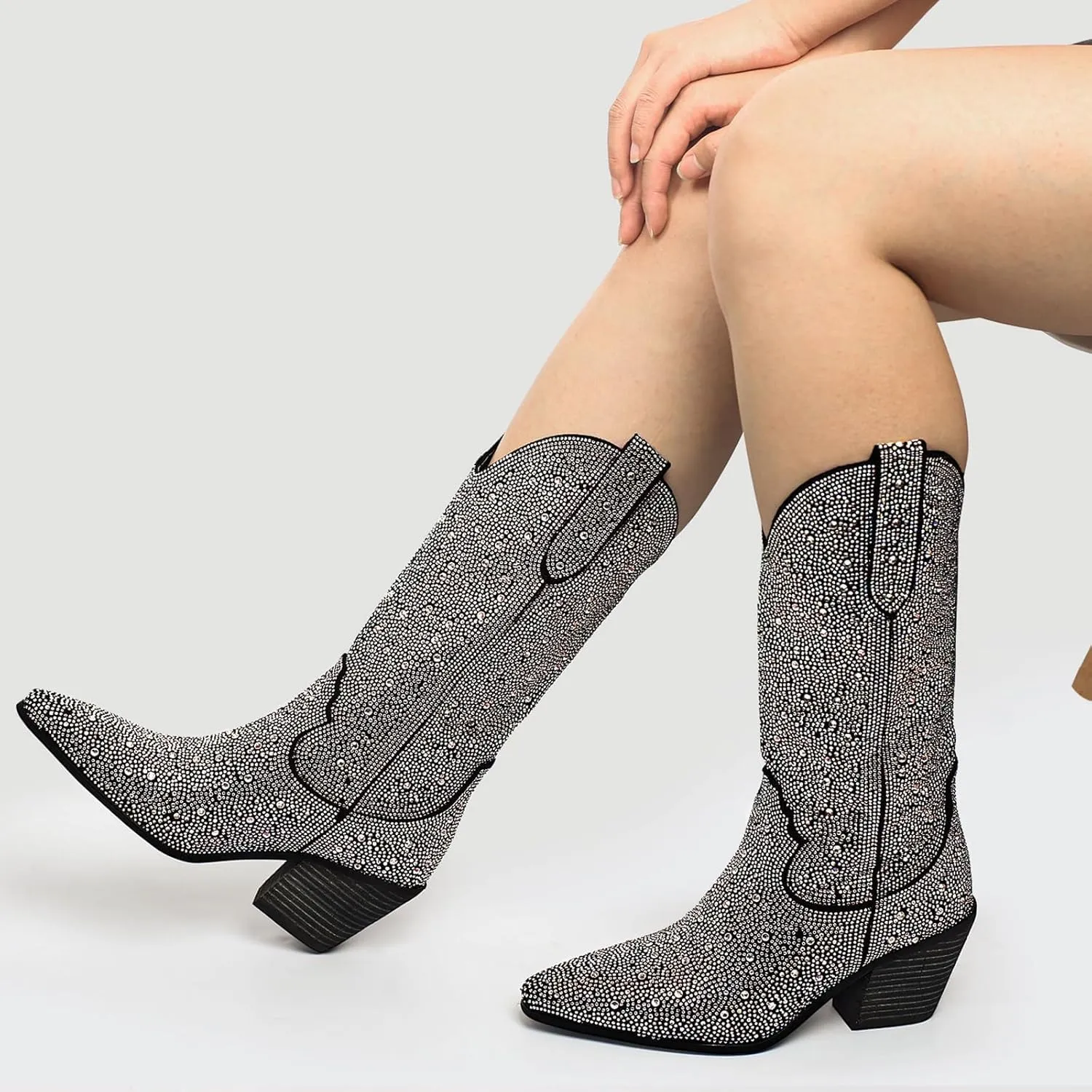 MUCCCUTE Women's Rhinestone Mid Calf Boots Sparkly Block Heel Cowboy Boots Glitter Boots
