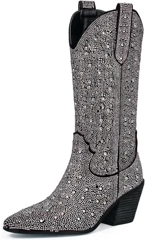 MUCCCUTE Women's Rhinestone Mid Calf Boots Sparkly Block Heel Cowboy Boots Glitter Boots