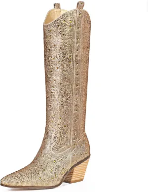 MUCCCUTE Women's Rhinestone Mid Calf Boots Sparkly Block Heel Cowboy Boots Glitter Boots