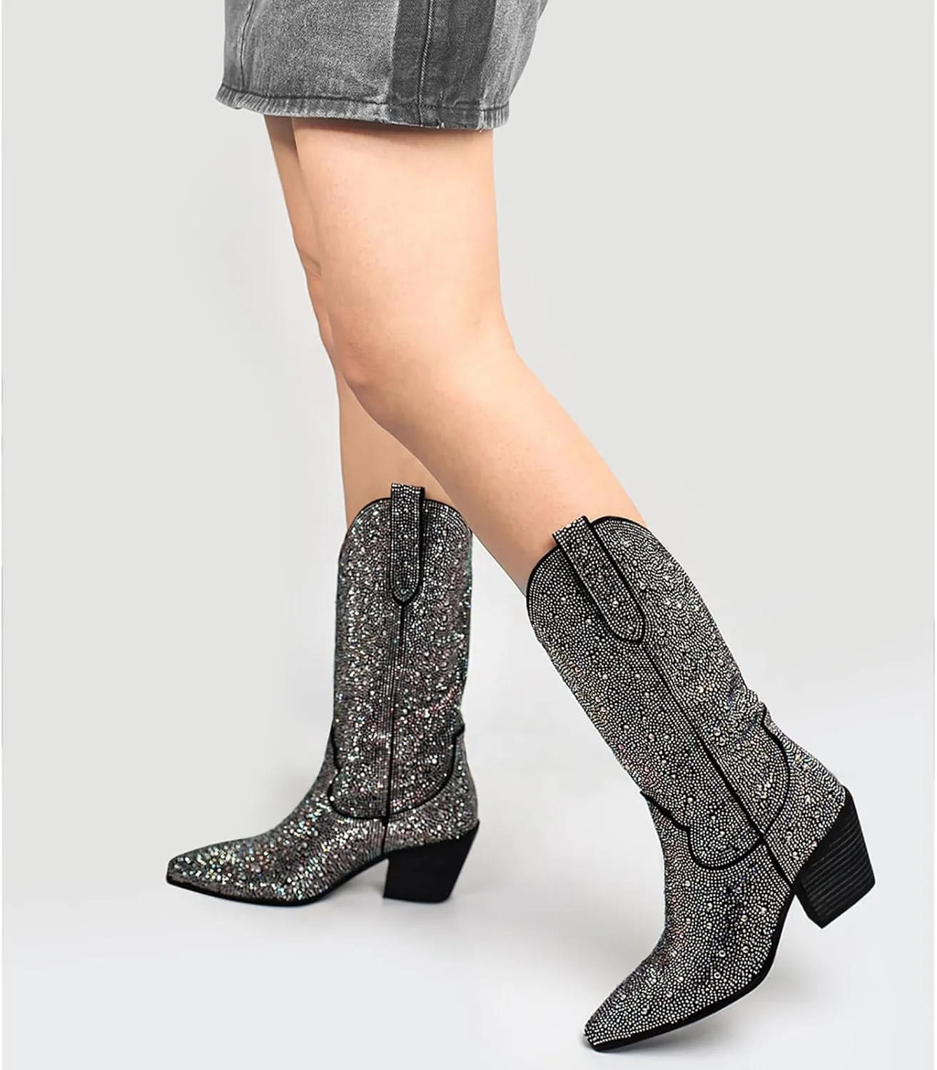 MUCCCUTE Women's Rhinestone Mid Calf Boots Sparkly Block Heel Cowboy Boots Glitter Boots