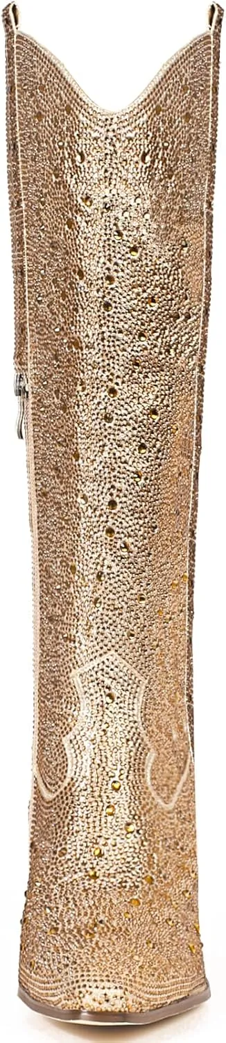 MUCCCUTE Women's Rhinestone Mid Calf Boots Sparkly Block Heel Cowboy Boots Glitter Boots