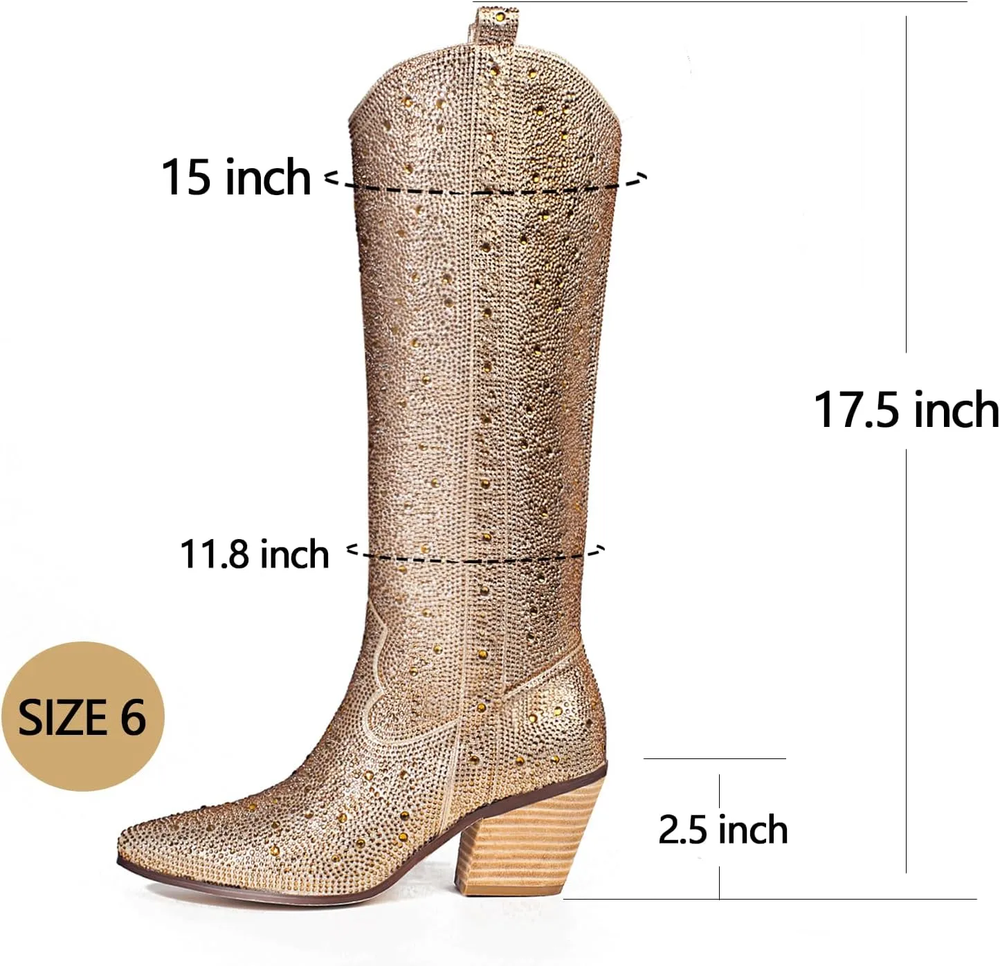 MUCCCUTE Women's Rhinestone Mid Calf Boots Sparkly Block Heel Cowboy Boots Glitter Boots