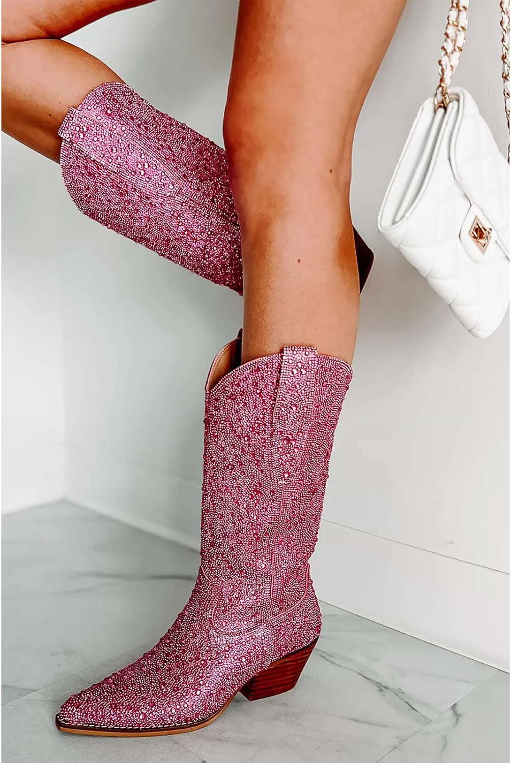 MUCCCUTE Women's Rhinestone Mid Calf Boots Sparkly Block Heel Cowboy Boots Glitter Boots