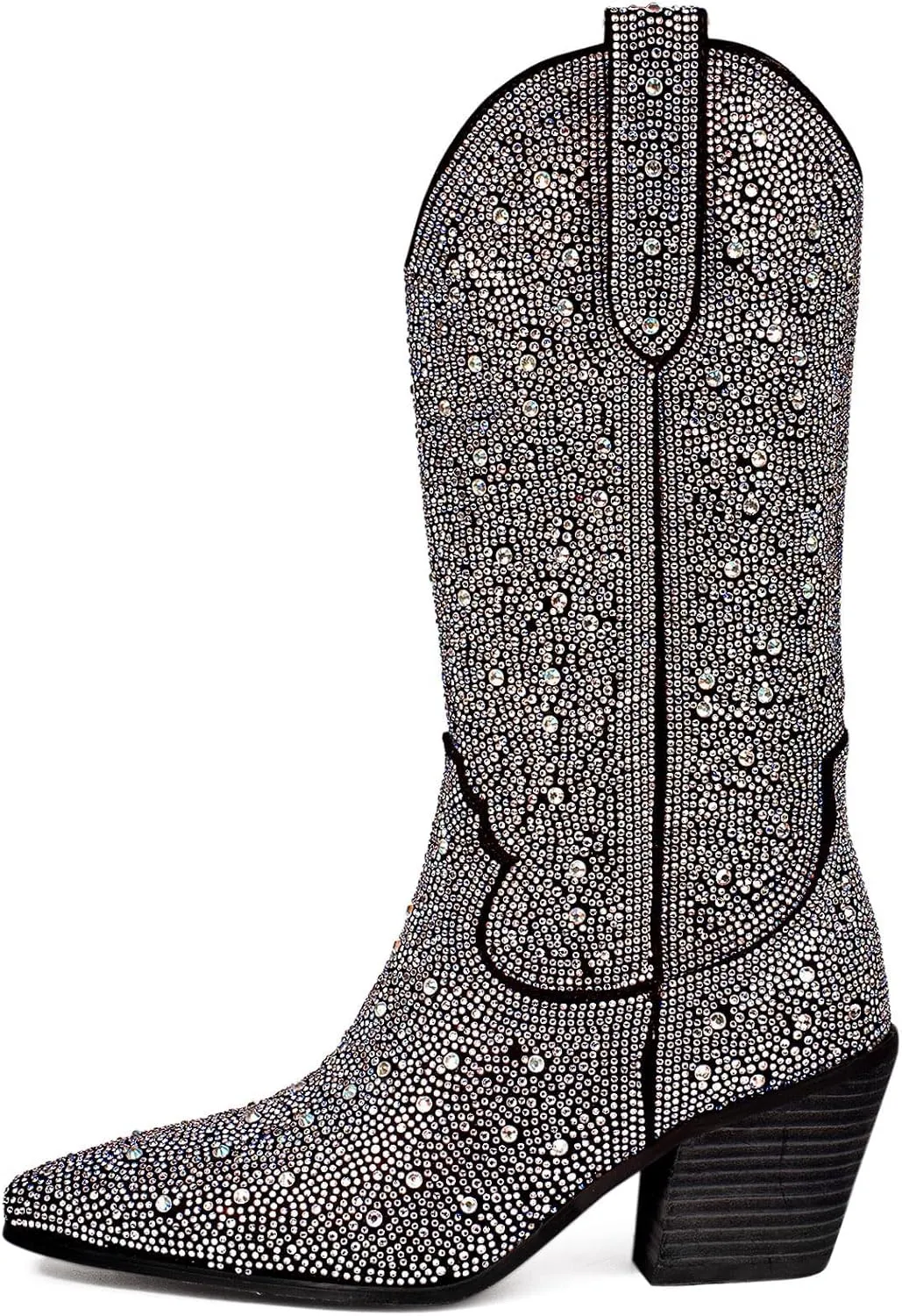 MUCCCUTE Women's Rhinestone Mid Calf Boots Sparkly Block Heel Cowboy Boots Glitter Boots