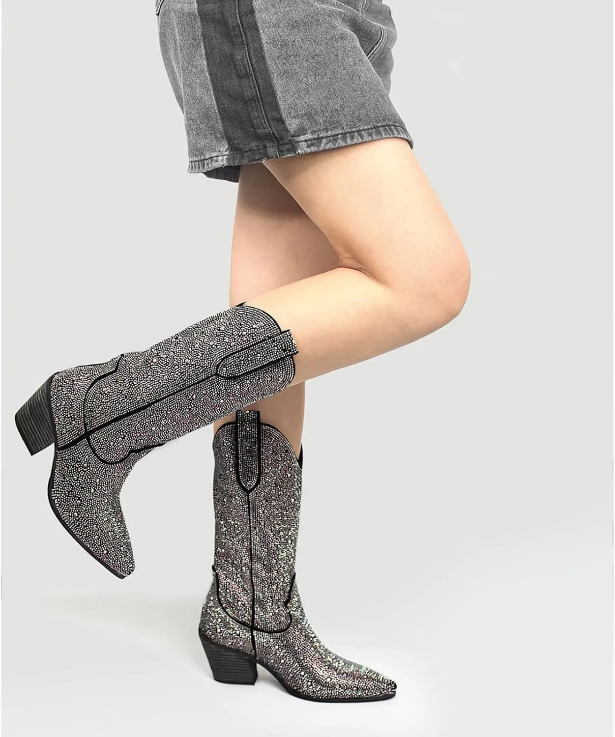 MUCCCUTE Women's Rhinestone Mid Calf Boots Sparkly Block Heel Cowboy Boots Glitter Boots