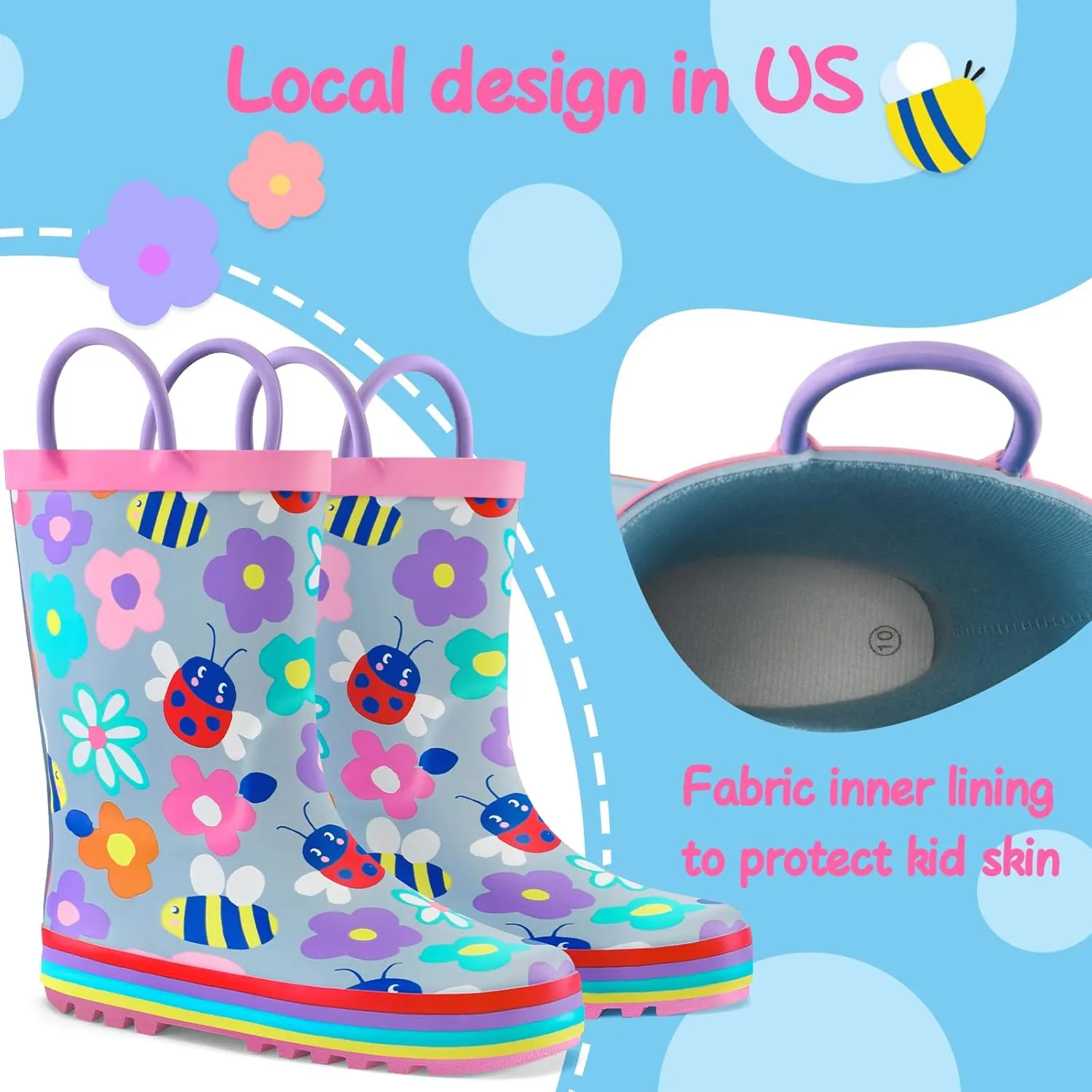 mysoft Kids Rain Boots for Girls Boys Toddler Waterproof Rubber Cute Printed with Easy-On Handles