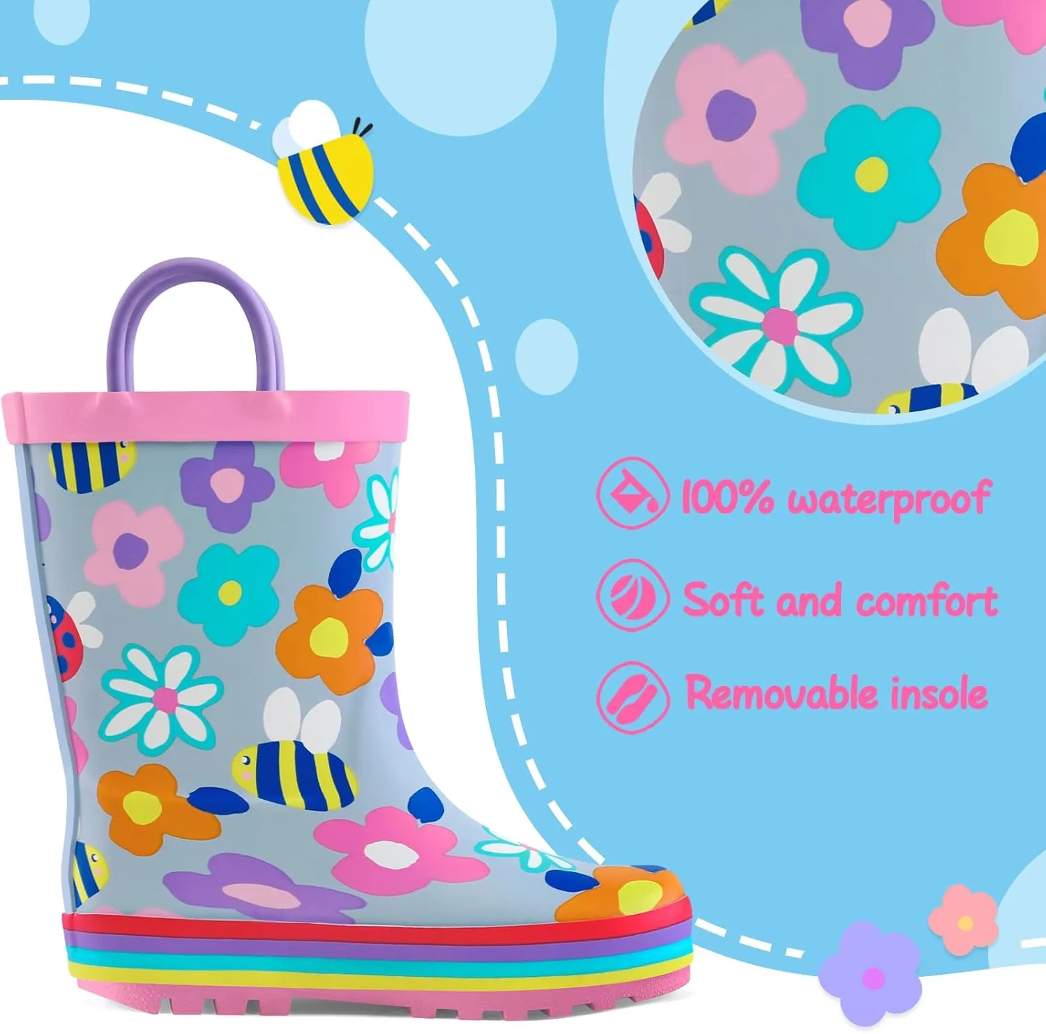 mysoft Kids Rain Boots for Girls Boys Toddler Waterproof Rubber Cute Printed with Easy-On Handles