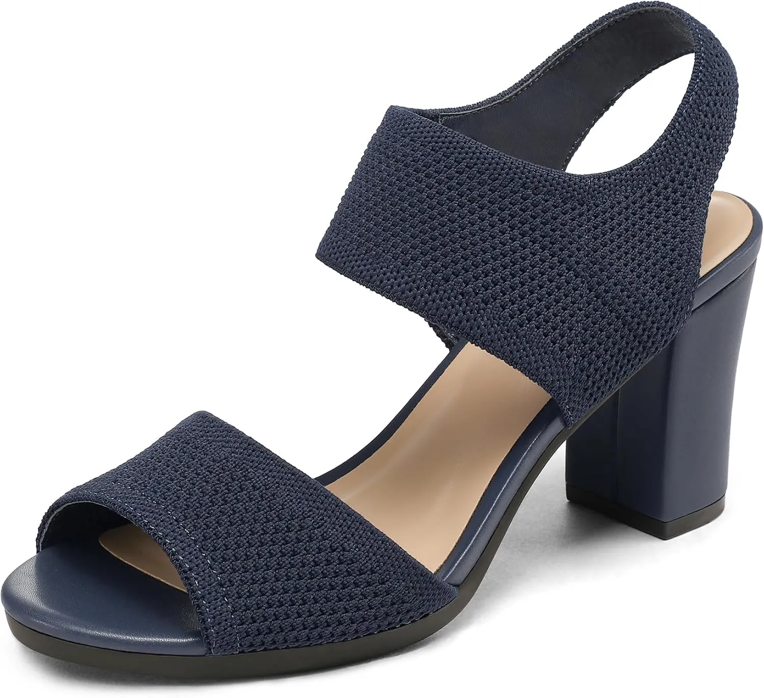 mysoft Women's Chunky Block High Heels Elastic Knit Open Toe Slingback Heeled Sandals