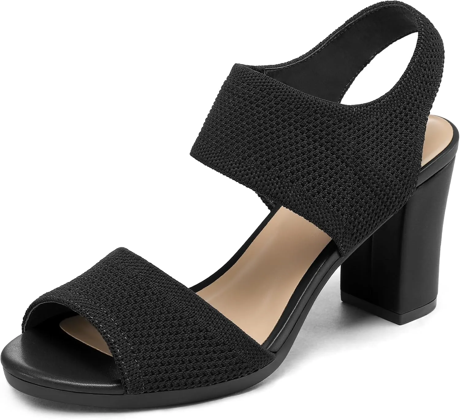 mysoft Women's Chunky Block High Heels Elastic Knit Open Toe Slingback Heeled Sandals
