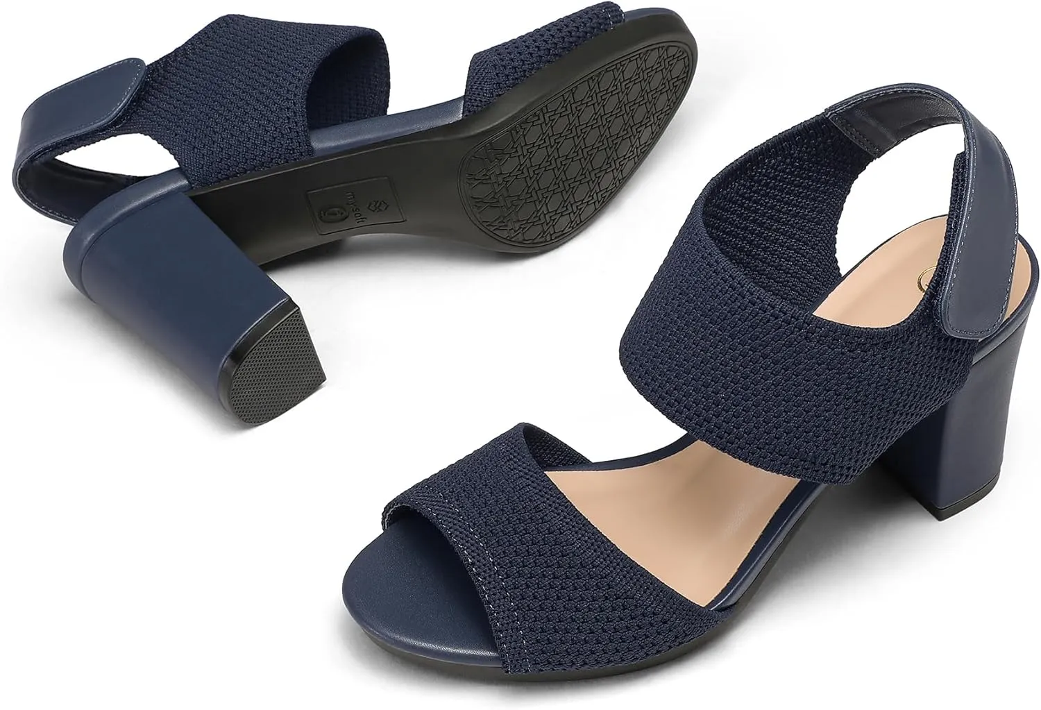 mysoft Women's Chunky Block High Heels Elastic Knit Open Toe Slingback Heeled Sandals