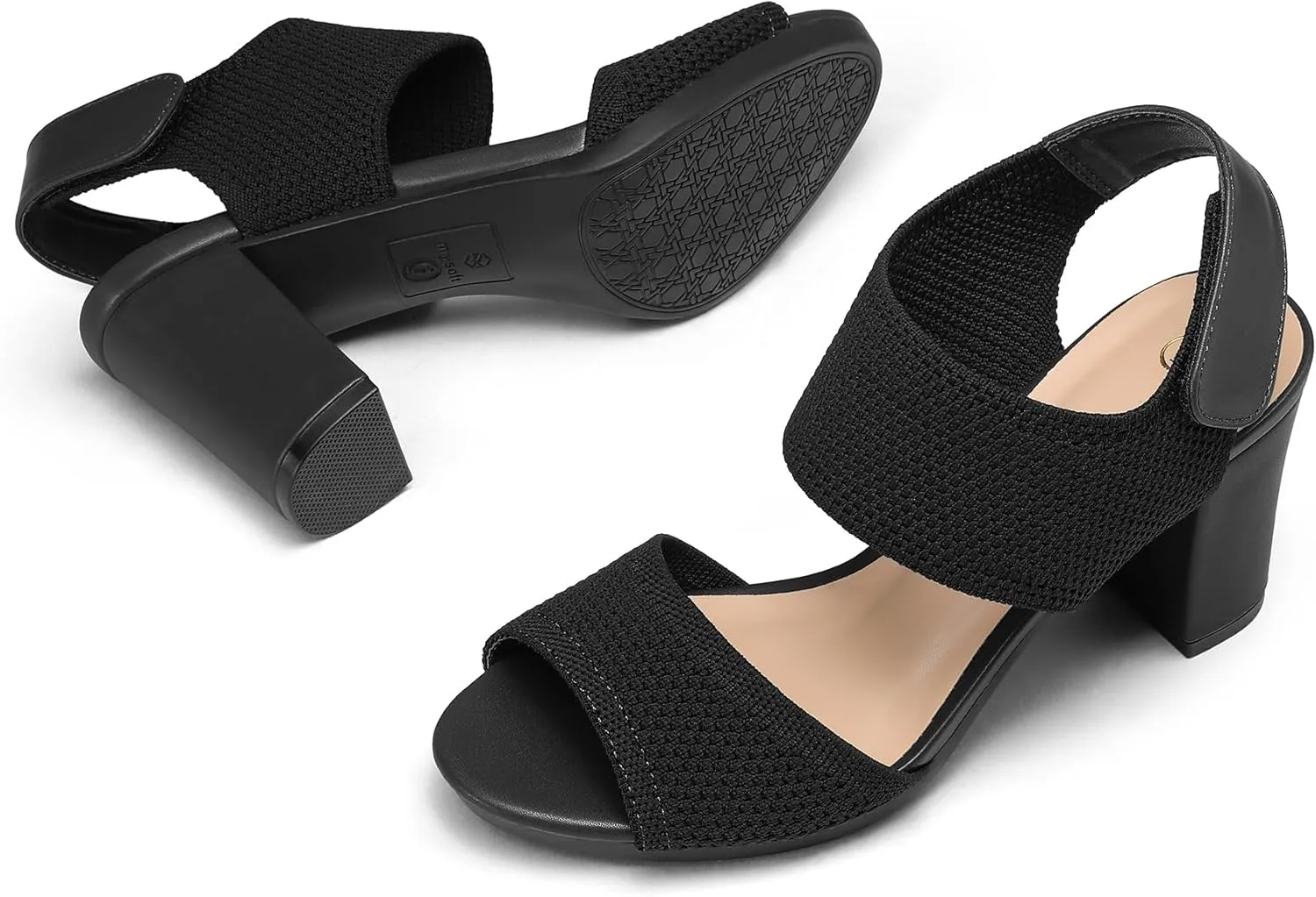 mysoft Women's Chunky Block High Heels Elastic Knit Open Toe Slingback Heeled Sandals