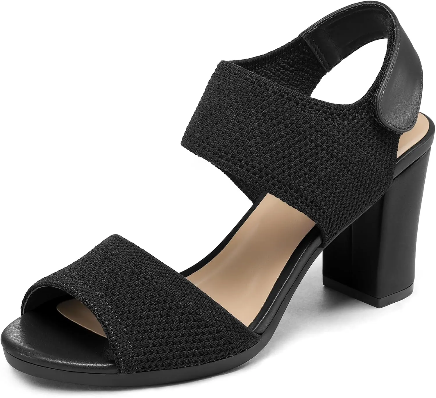 mysoft Women's Chunky Block High Heels Elastic Knit Open Toe Slingback Heeled Sandals