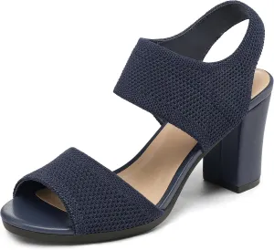 mysoft Women's Chunky Block High Heels Elastic Knit Open Toe Slingback Heeled Sandals
