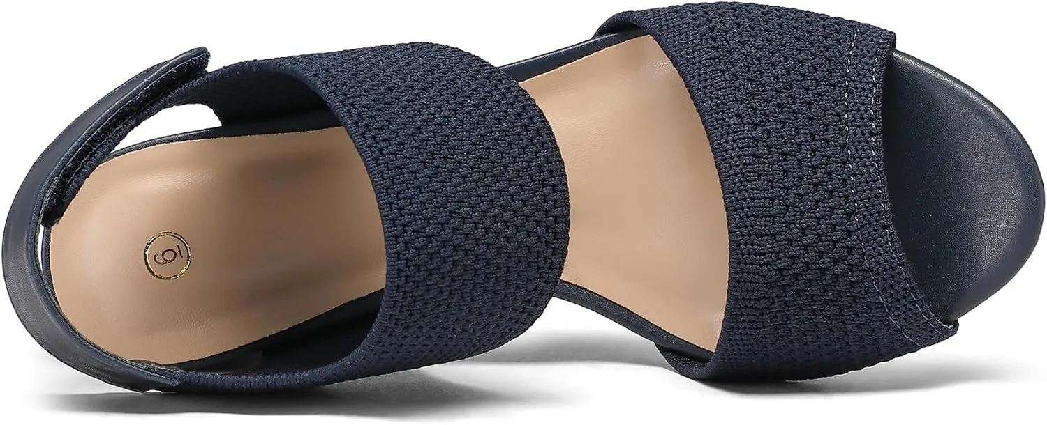 mysoft Women's Chunky Block High Heels Elastic Knit Open Toe Slingback Heeled Sandals
