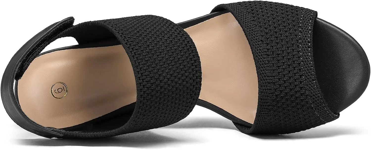 mysoft Women's Chunky Block High Heels Elastic Knit Open Toe Slingback Heeled Sandals