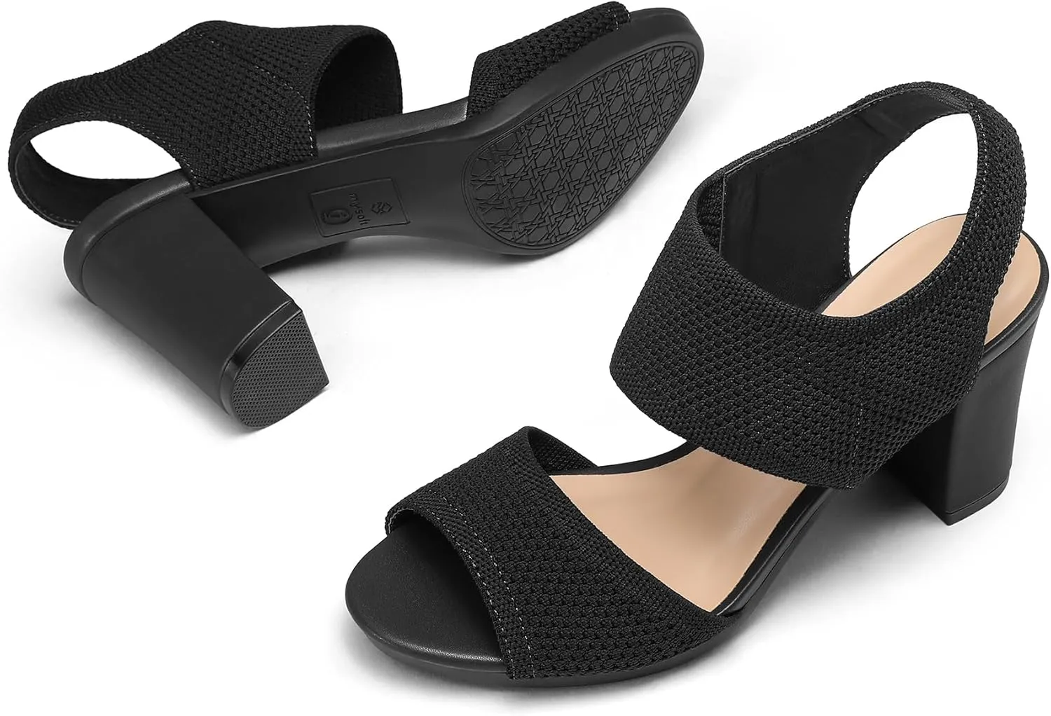 mysoft Women's Chunky Block High Heels Elastic Knit Open Toe Slingback Heeled Sandals