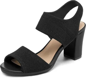mysoft Women's Chunky Block High Heels Elastic Knit Open Toe Slingback Heeled Sandals