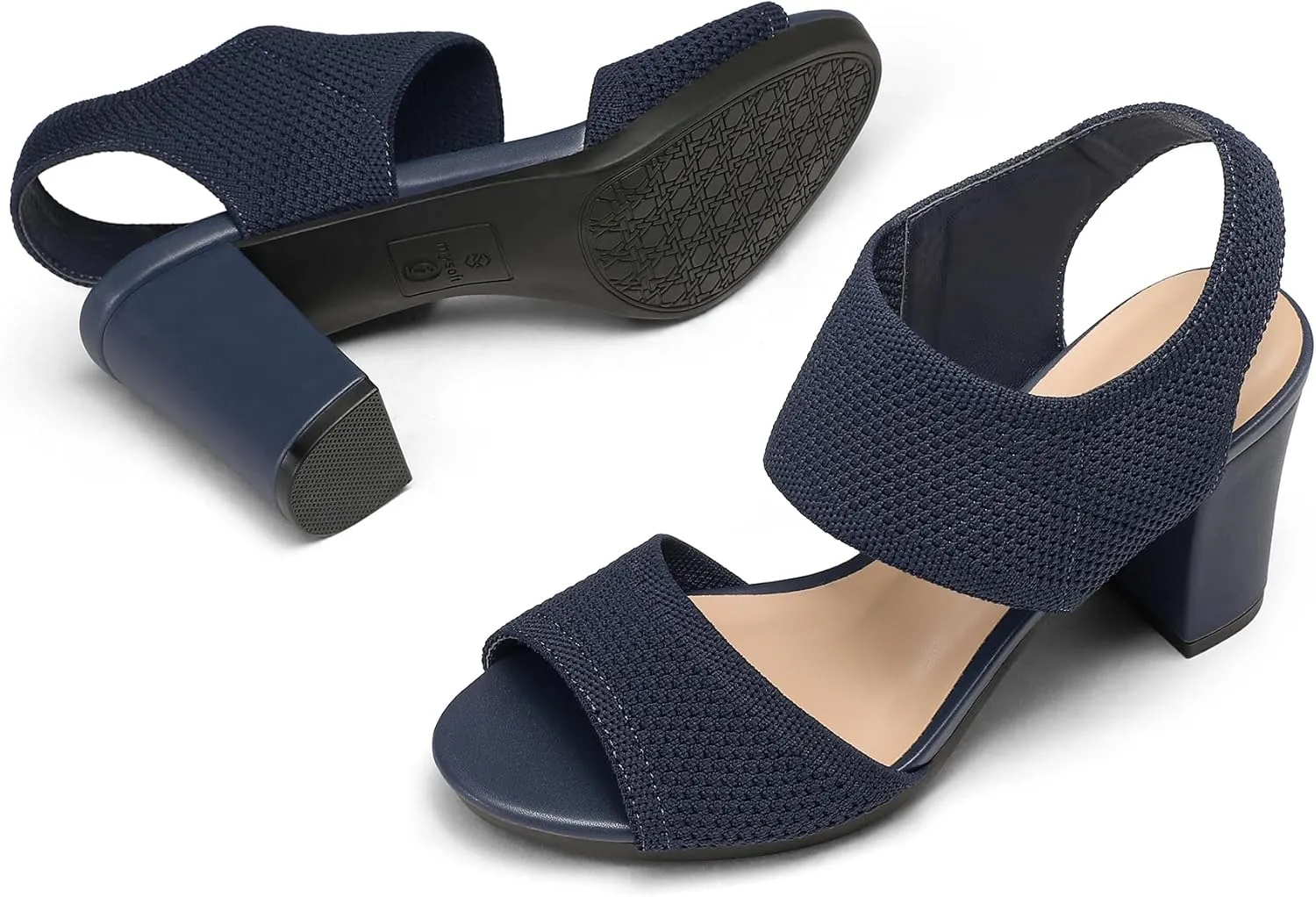 mysoft Women's Chunky Block High Heels Elastic Knit Open Toe Slingback Heeled Sandals