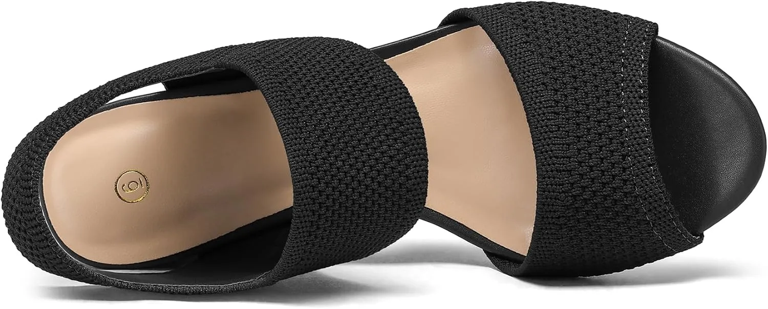 mysoft Women's Chunky Block High Heels Elastic Knit Open Toe Slingback Heeled Sandals