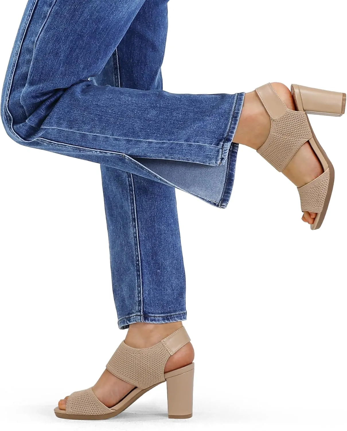 mysoft Women's Chunky Block High Heels Elastic Knit Open Toe Slingback Heeled Sandals