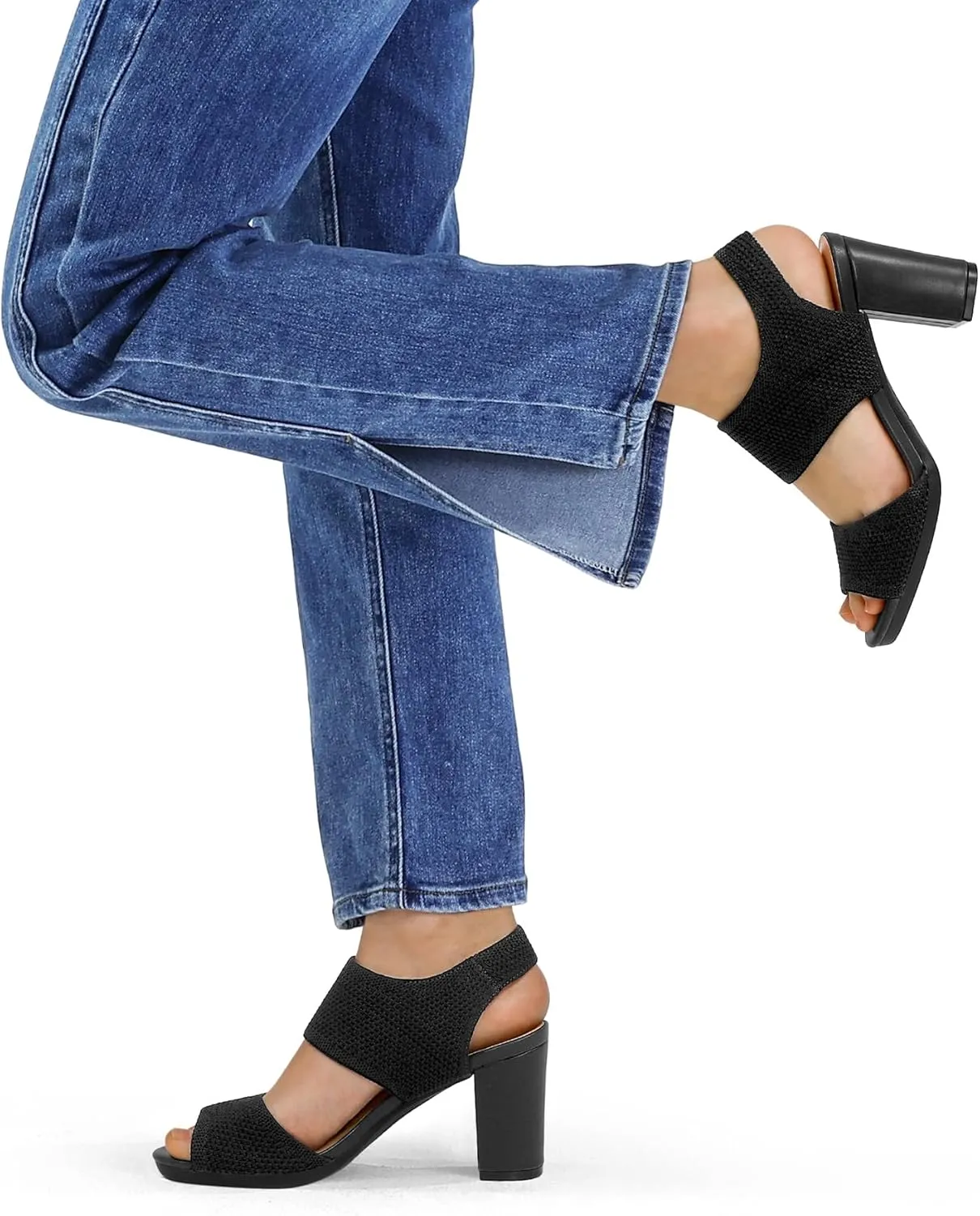 mysoft Women's Chunky Block High Heels Elastic Knit Open Toe Slingback Heeled Sandals