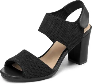 mysoft Women's Chunky Block High Heels Elastic Knit Open Toe Slingback Heeled Sandals