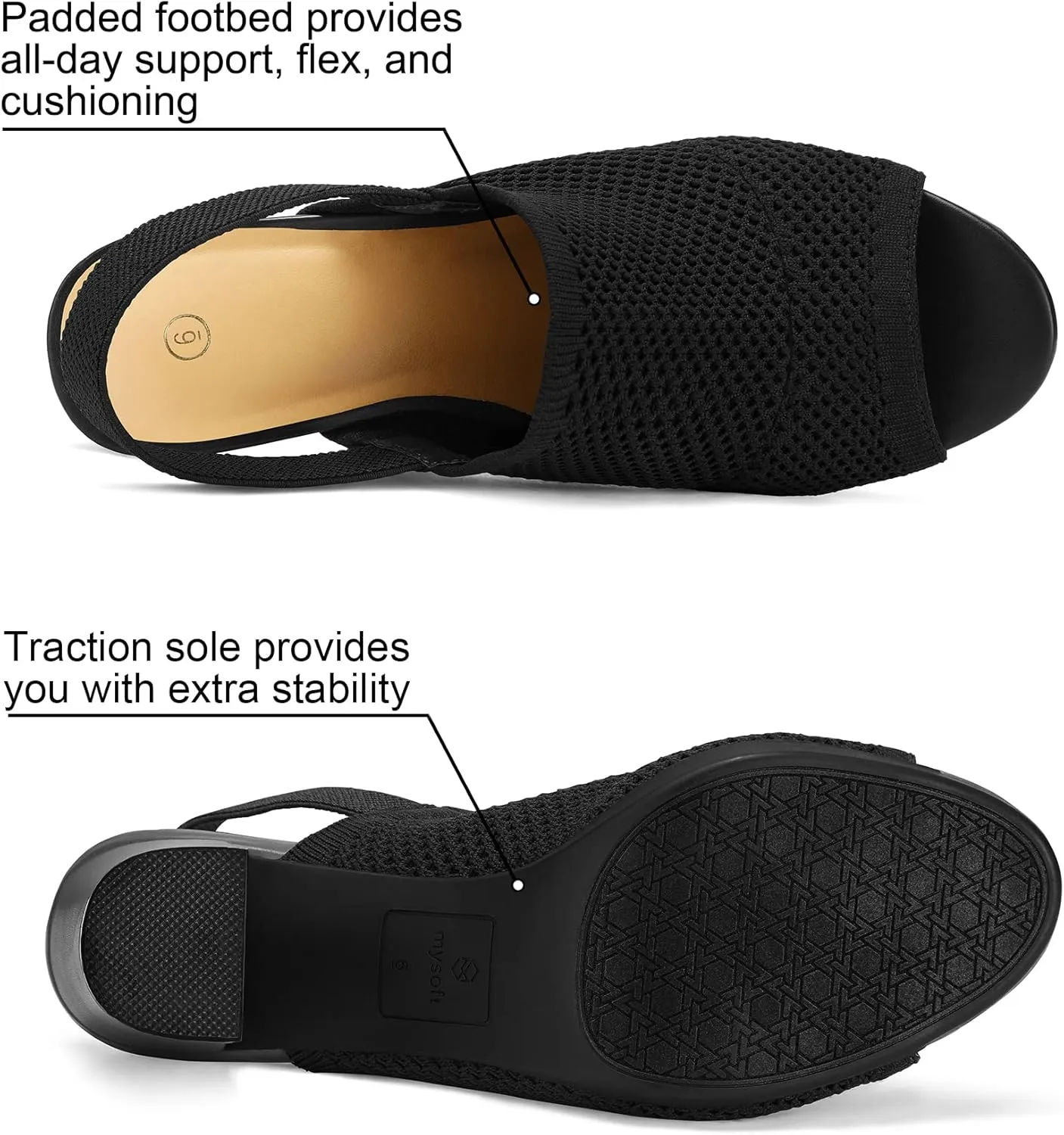 mysoft Women's Knit Chunky Block High Heels Elastic Slingback Open Toe 3 Inch Heeled Sandals