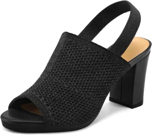 mysoft Women's Knit Chunky Block High Heels Elastic Slingback Open Toe 3 Inch Heeled Sandals