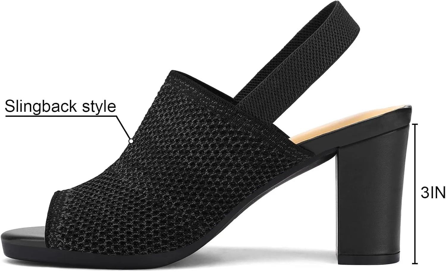 mysoft Women's Knit Chunky Block High Heels Elastic Slingback Open Toe 3 Inch Heeled Sandals