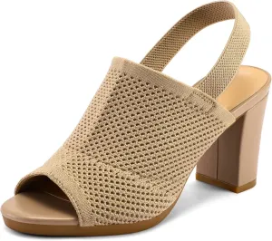mysoft Women's Knit Chunky Block High Heels Elastic Slingback Open Toe 3 Inch Heeled Sandals