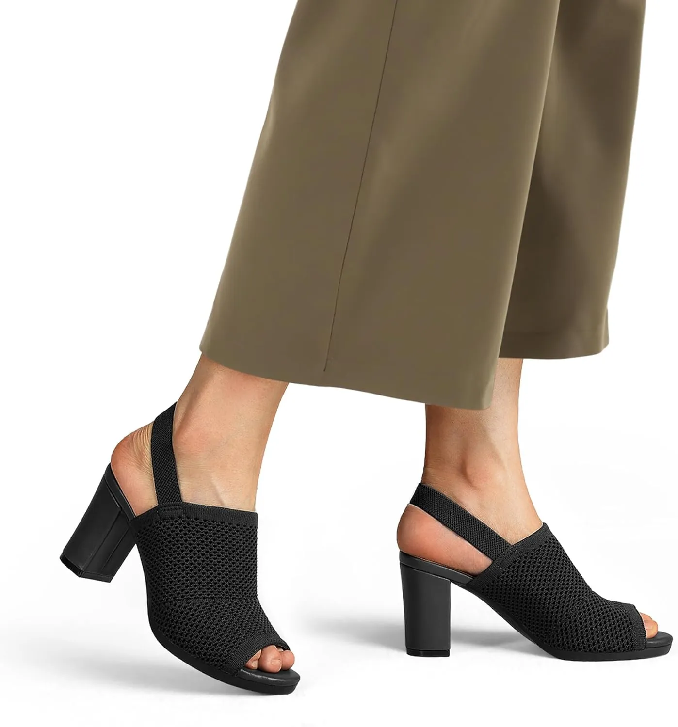 mysoft Women's Knit Chunky Block High Heels Elastic Slingback Open Toe 3 Inch Heeled Sandals