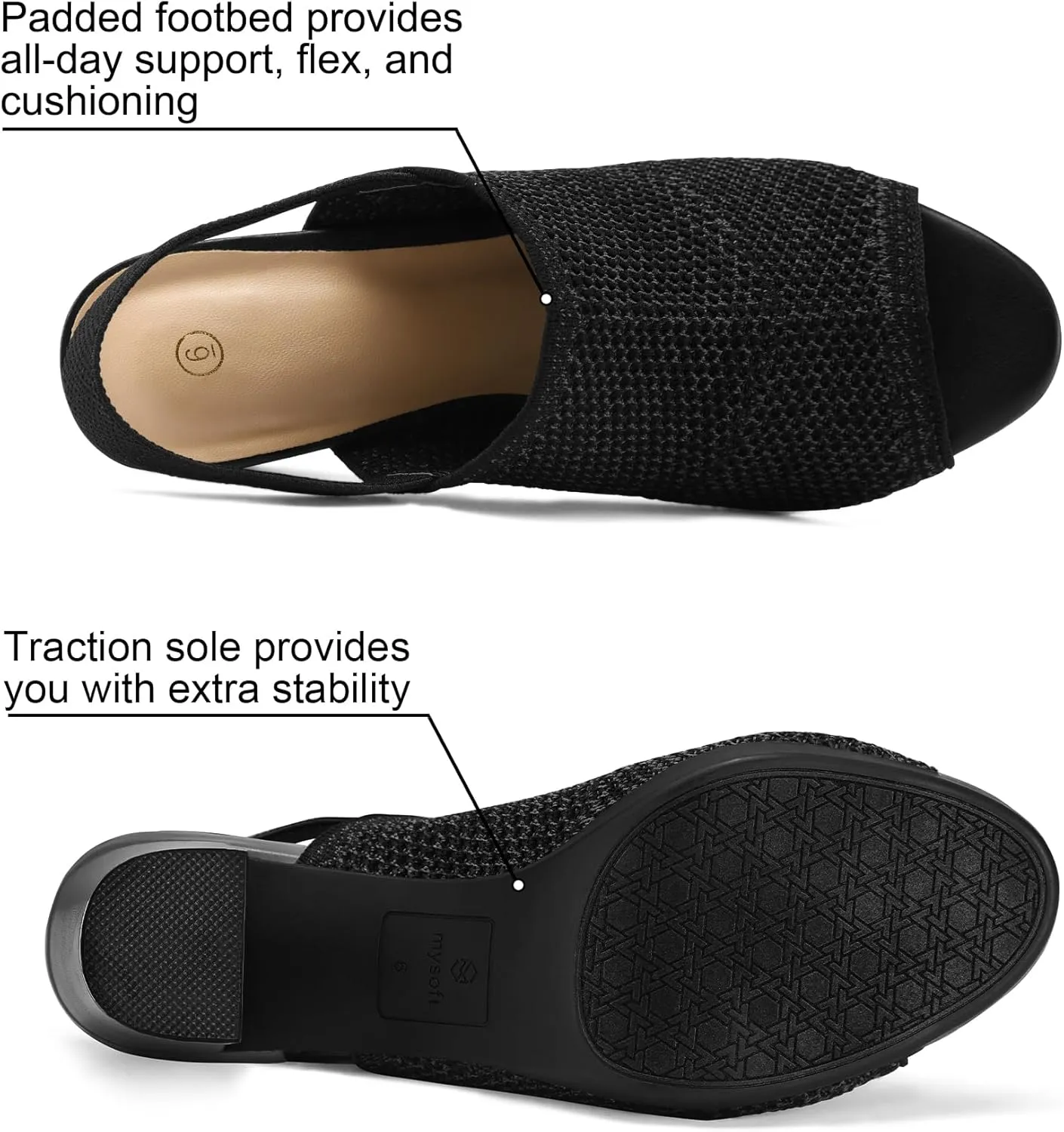 mysoft Women's Knit Chunky Block High Heels Elastic Slingback Open Toe 3 Inch Heeled Sandals