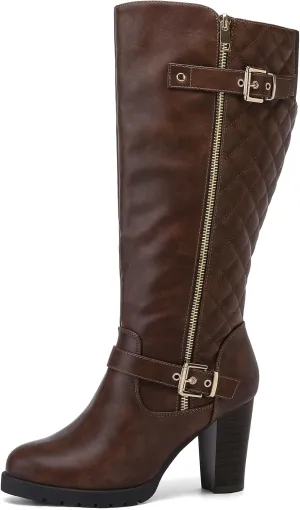 mysoft Women's Wide/Extra Wide Calf Knee High Boots Chunky Block Heel Round Toe Tall Boots Side Zipper