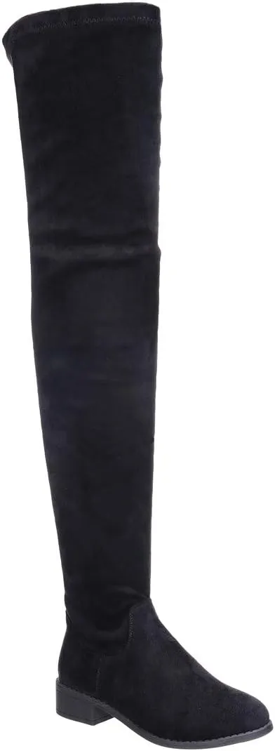 Nature Breeze Olympia 20 Womens Stretchy Thigh High Side Zipper Low Heel Combat Boots
