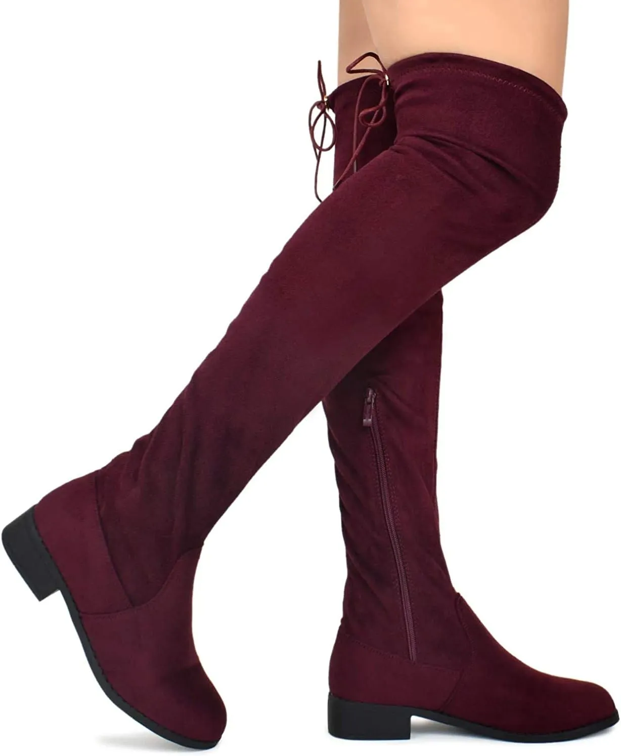 Nature Breeze Olympia 20 Womens Stretchy Thigh High Side Zipper Low Heel Combat Boots